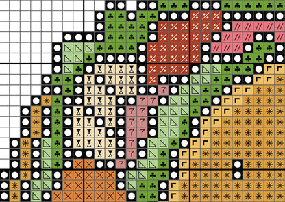 Grid pattern with various symbols including circles, triangles, and geometric shapes in different colors.