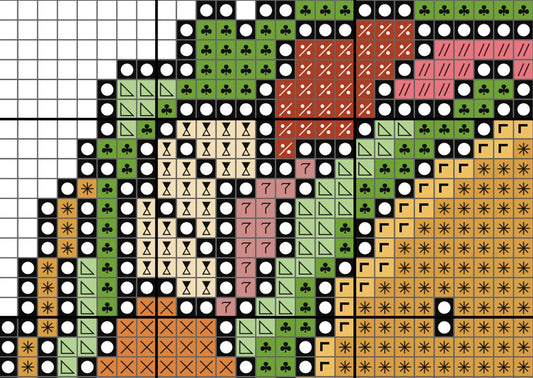 Grid pattern with various symbols including circles, triangles, and geometric shapes in different colors.