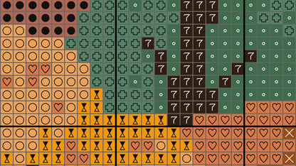 Patterned tile design with various shapes and colors on a green background