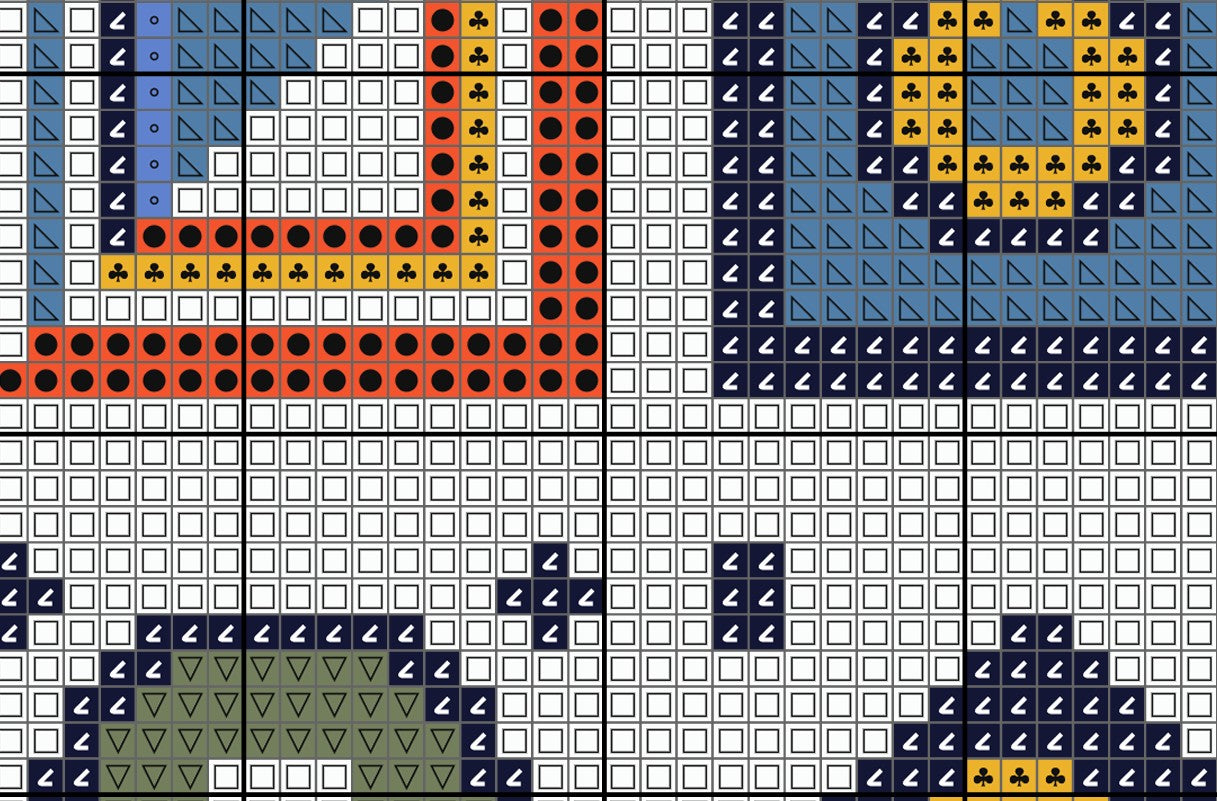 Colorful pattern of geometric shapes on a grid background