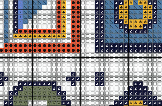 Colorful pattern of geometric shapes on a grid background
