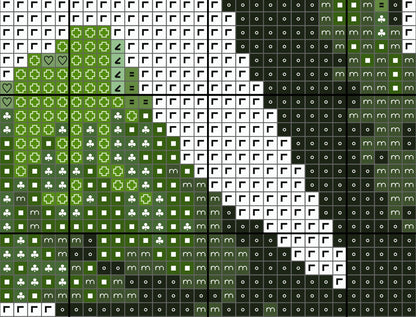 Pixelated design with green, white, and black squares on a grid background