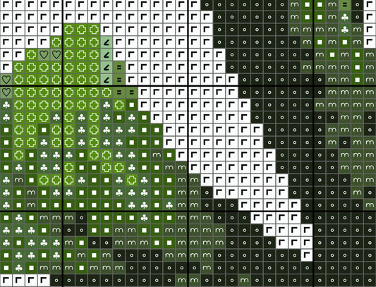 Pixelated design with green, white, and black squares on a grid background