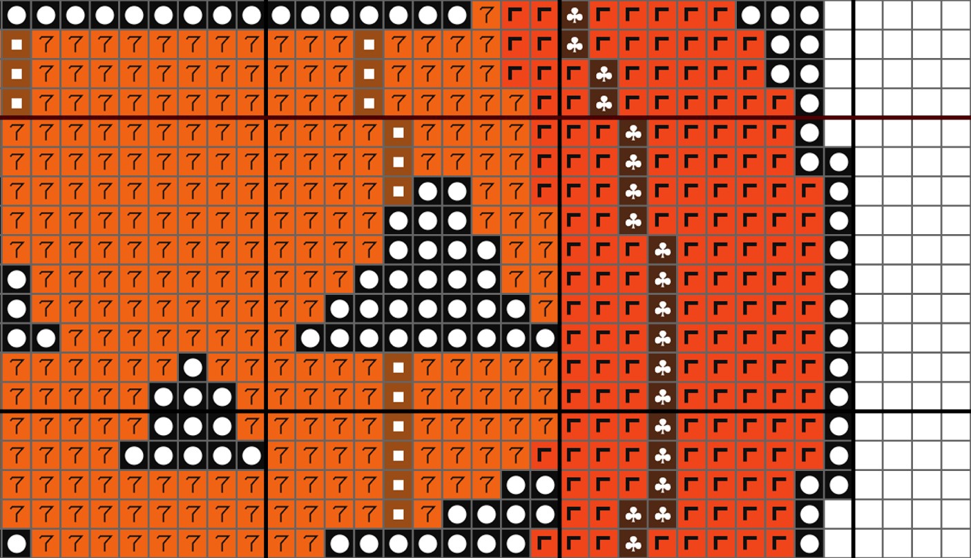 Pixelated pattern of triangles on an orange background with a grid overlay