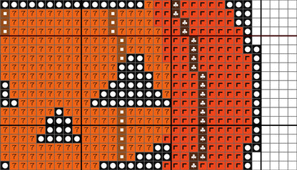 Pixelated pattern of triangles on an orange background with a grid overlay