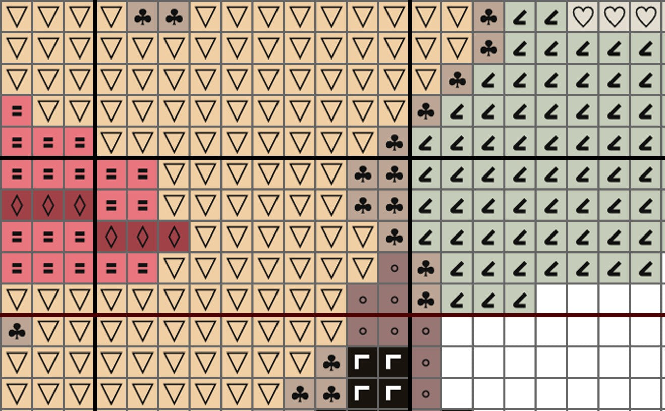 Patterned tile design with various shapes and colors on a grid.
