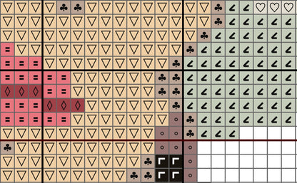 Patterned tile design with various shapes and colors on a grid.