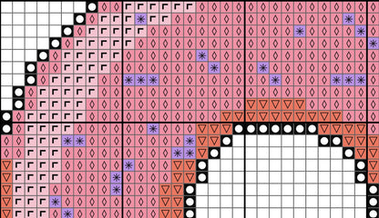 Grid pattern with pink, purple, and black shapes on a white background
