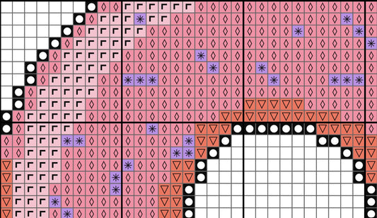Grid pattern with pink, purple, and black shapes on a white background