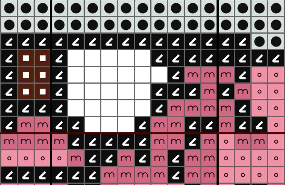 Pixelated image of a character made from black, white, and pink blocks