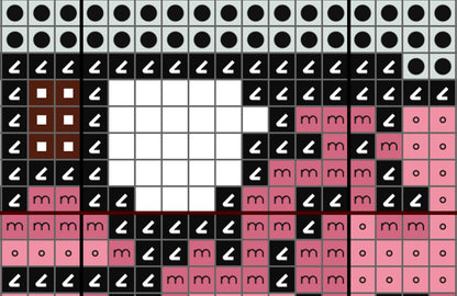 Pixelated image of a character made from black, white, and pink blocks