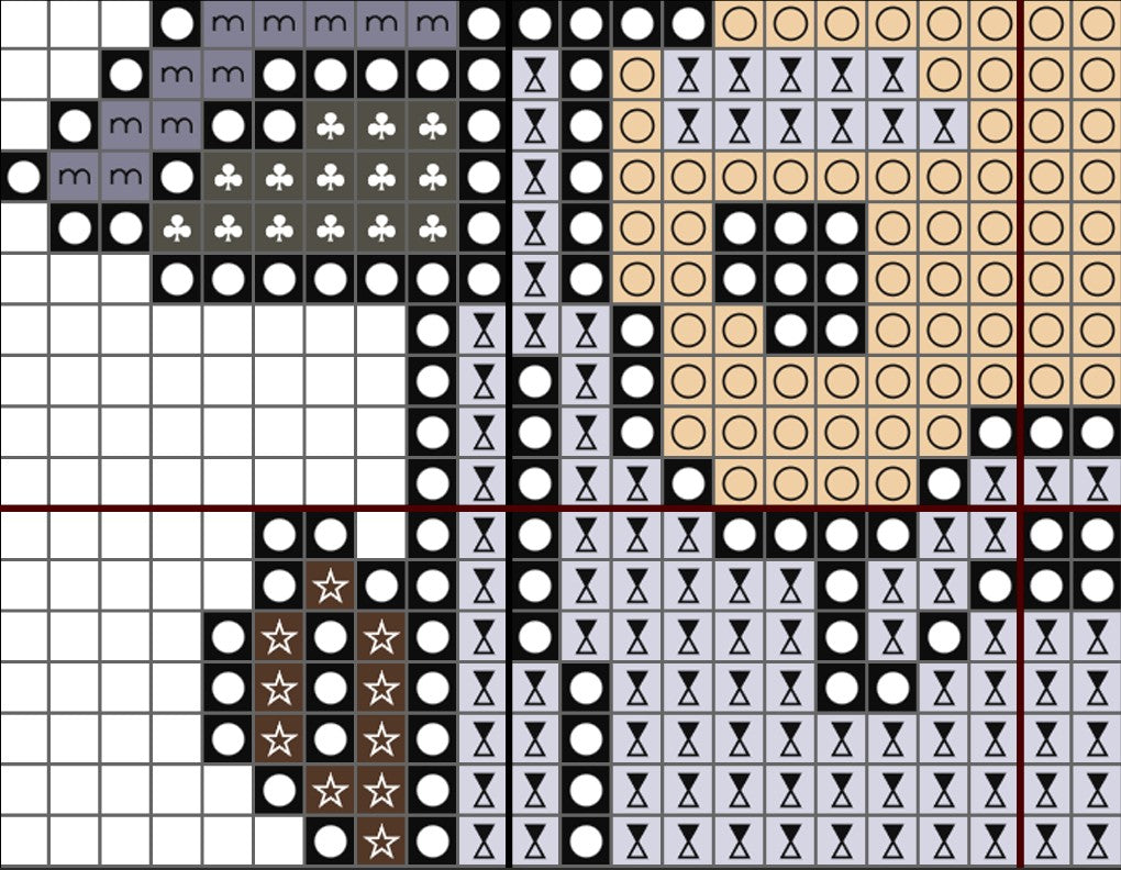 Grid of various symbols including circles, stars, and geometric shapes in different colors.