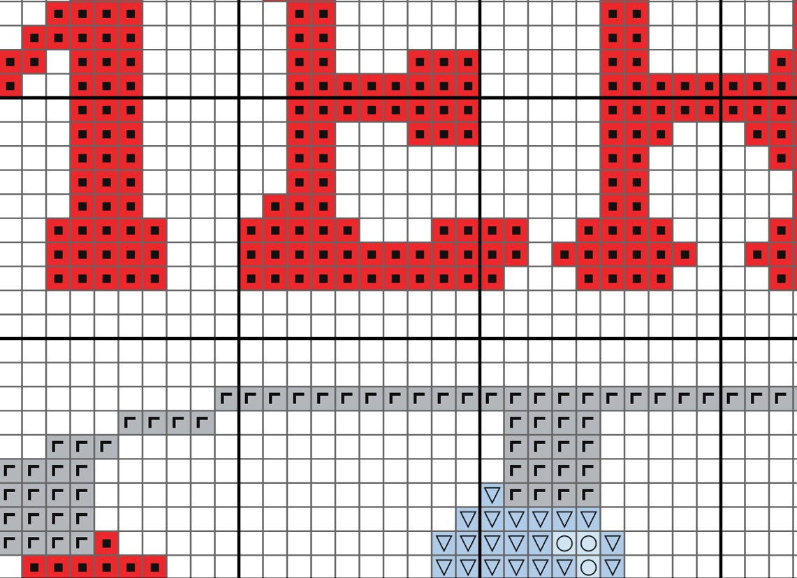 Pixelated text and symbols on a grid background
