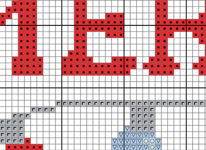 Pixelated text and symbols on a grid background