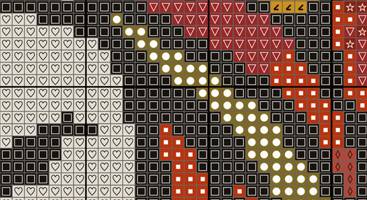 Pixelated pattern with various shapes and colors on a grid background