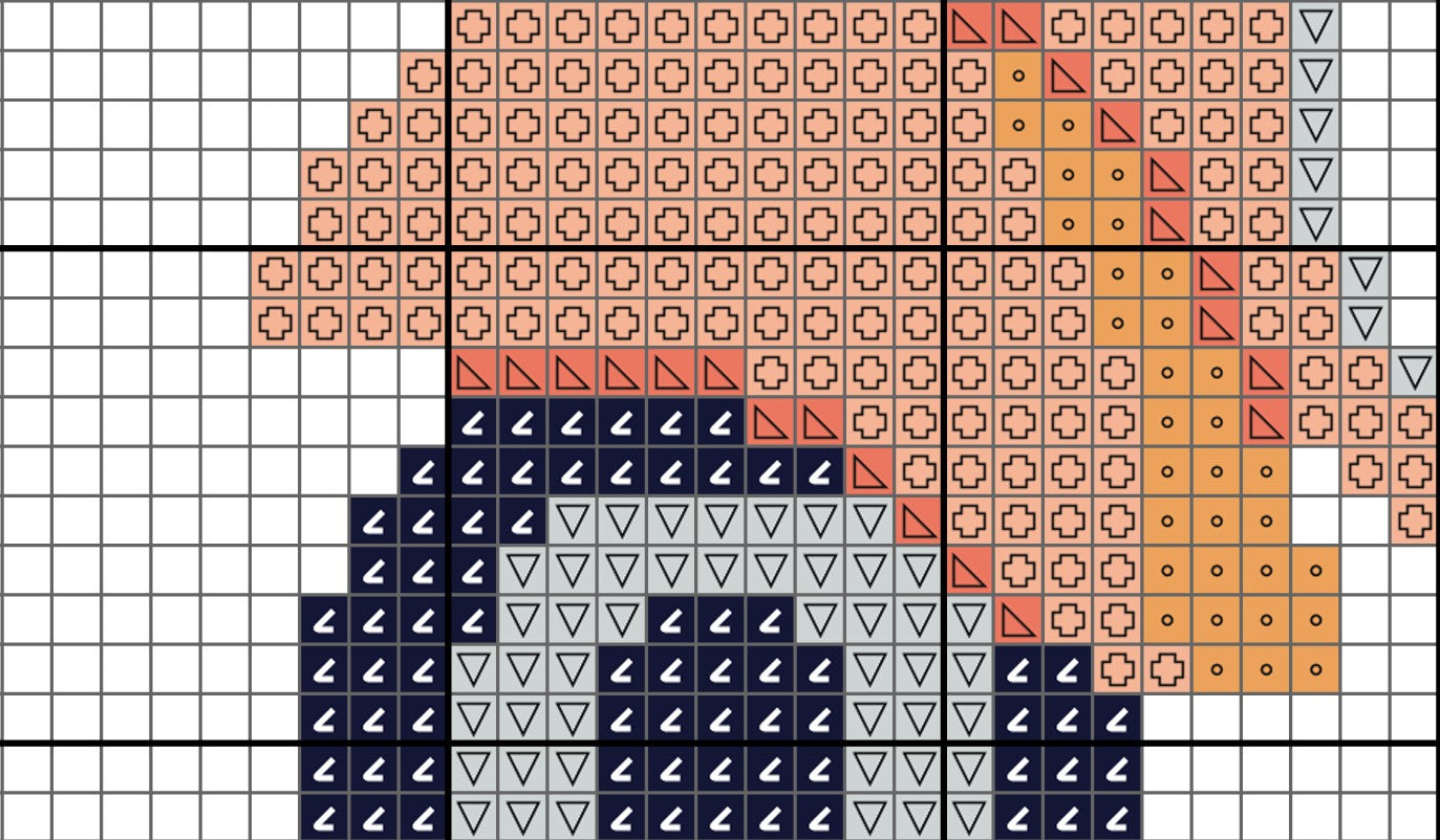Pixelated design with geometric shapes on a grid background