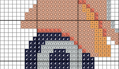 Pixelated design with geometric shapes on a grid background