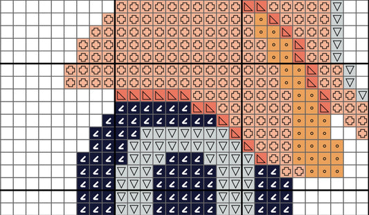 Pixelated design with geometric shapes on a grid background