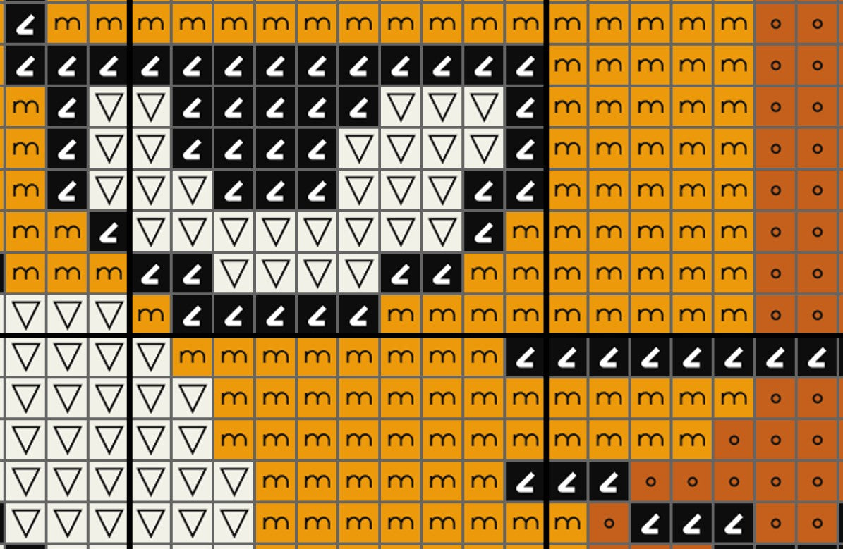 Pattern of black, white, and orange shapes arranged in a grid.