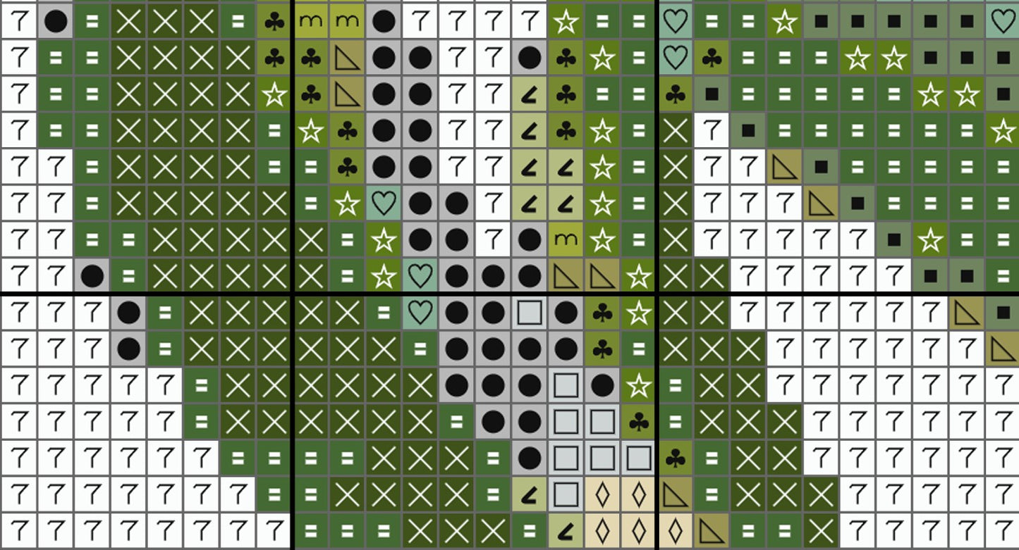 Grid of various symbols including crosses, circles, stars, and hearts on a green background.