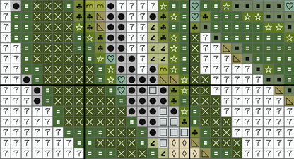 Grid of various symbols including crosses, circles, stars, and hearts on a green background.