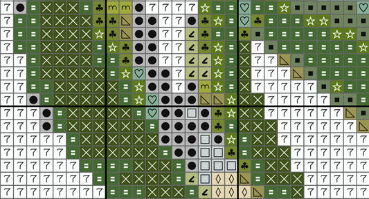 Grid of various symbols including crosses, circles, stars, and hearts on a green background.