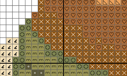 Grid of various symbols including hearts, crosses, and geometric shapes on a checkered background.