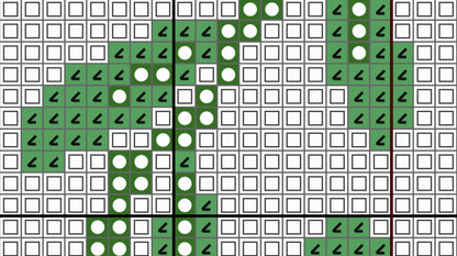 Grid pattern with green and black arrows, white circles, and red lines on a white background