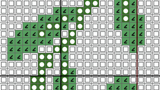 Grid pattern with green and black arrows, white circles, and red lines on a white background