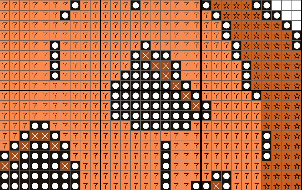 Pixelated character design on a grid with numbers and symbols
