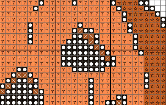 Pixelated character design on a grid with numbers and symbols
