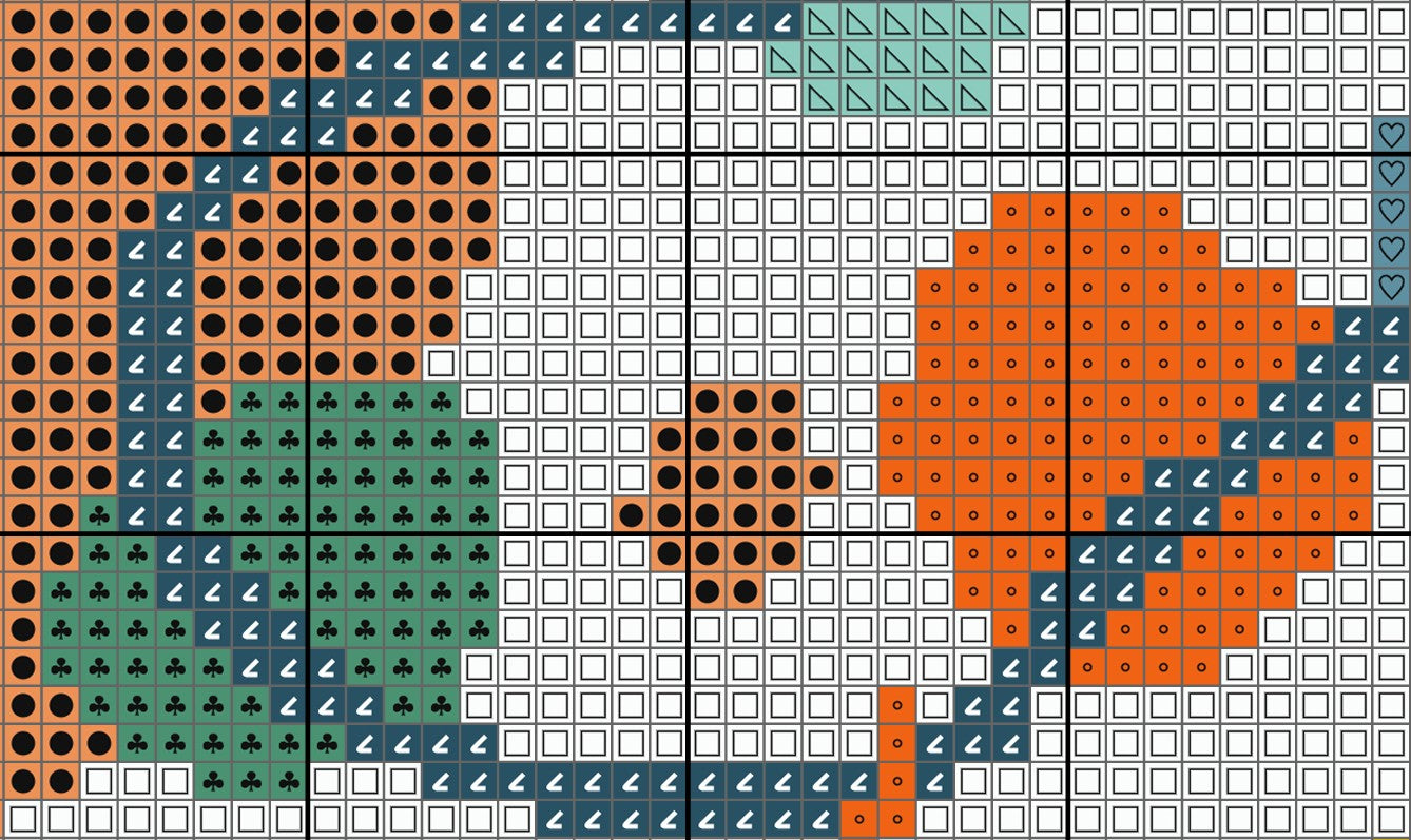 Grid of colored squares with various patterns on a white background