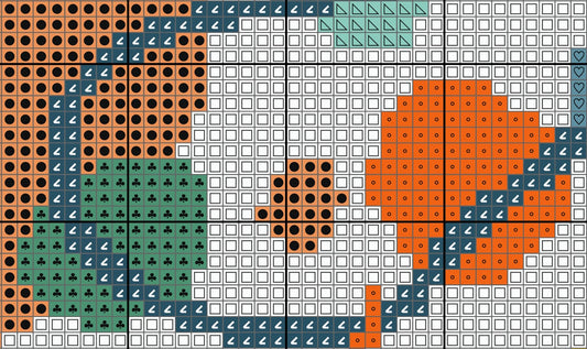 Grid of colored squares with various patterns on a white background