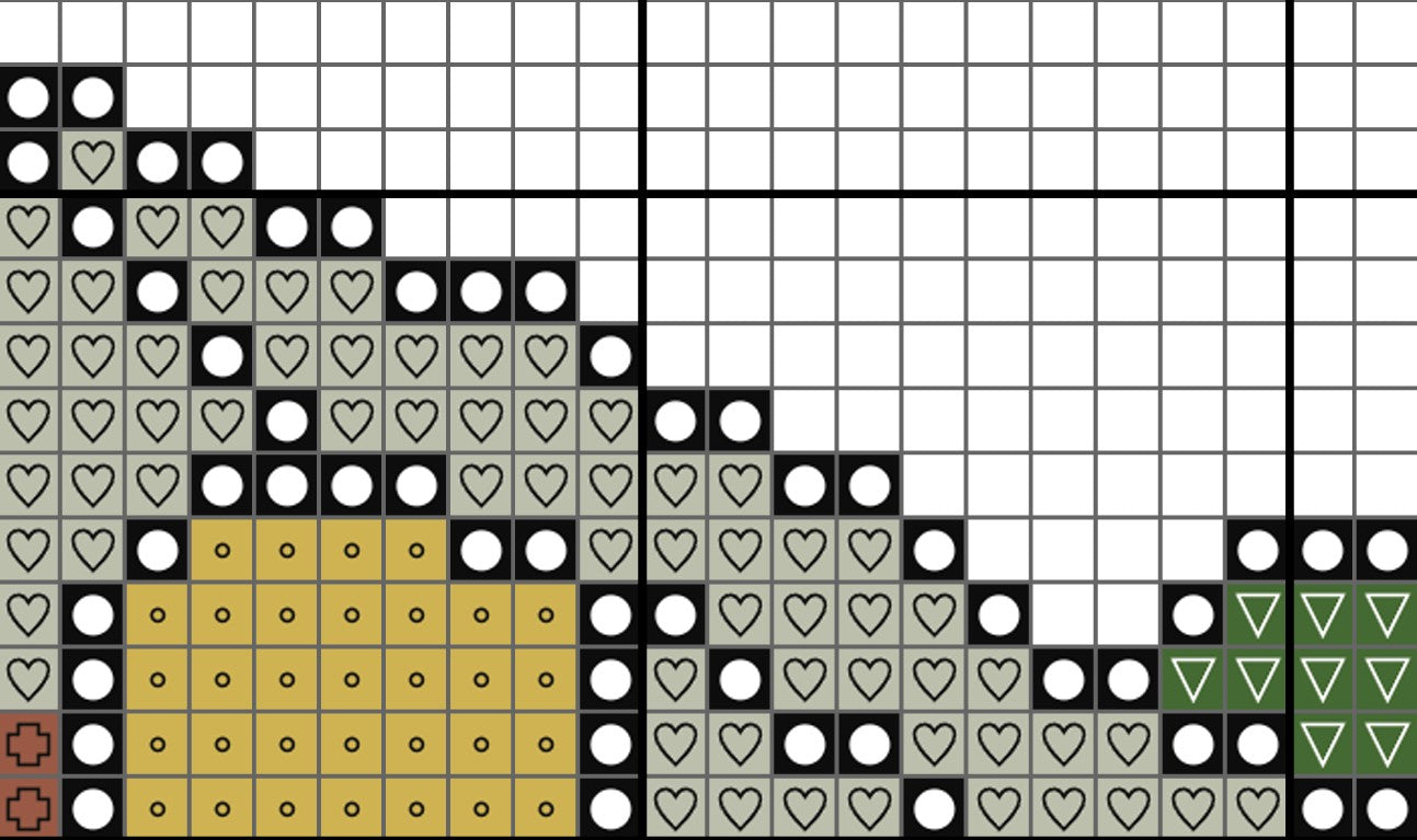 Grid pattern with black, white, yellow, and green shapes on a grid background