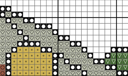 Grid pattern with black, white, yellow, and green shapes on a grid background