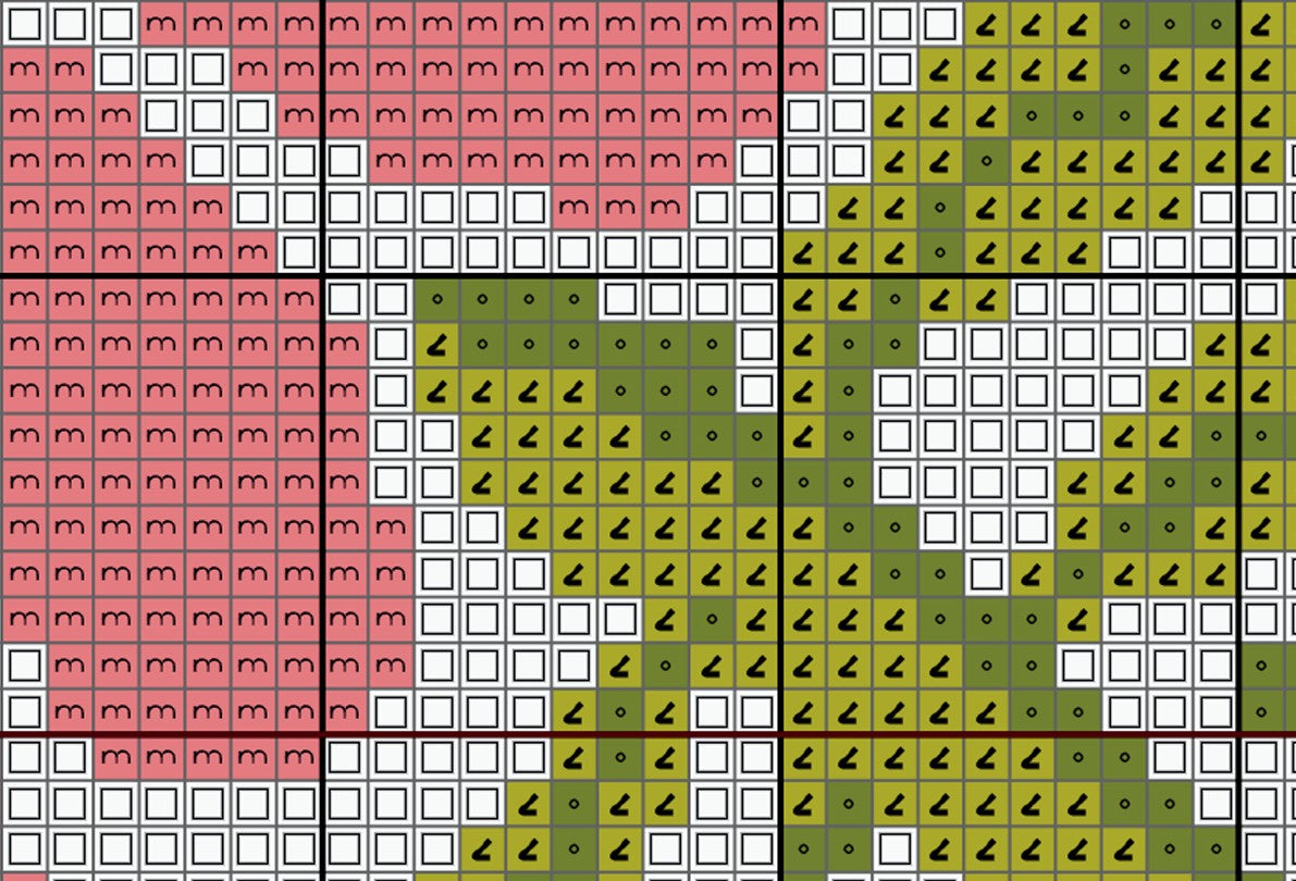 Grid of red, green, and white squares with black arrow patterns