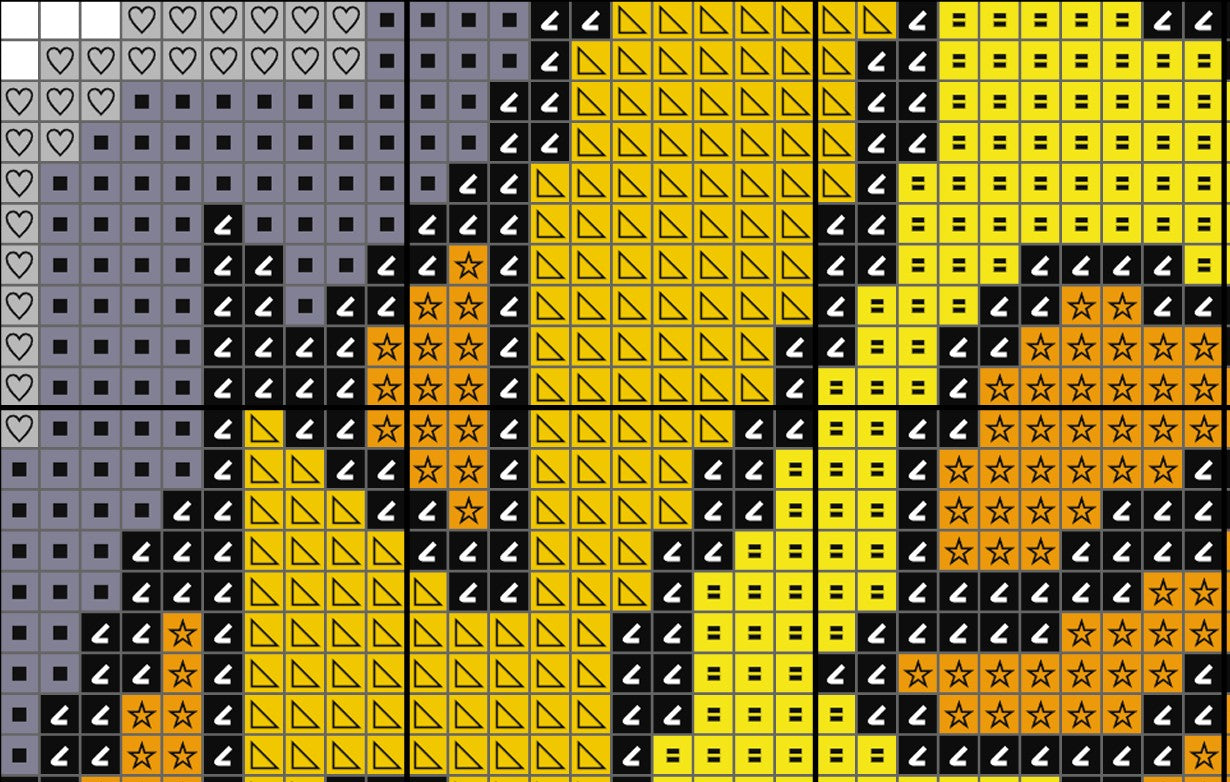 Pattern of black, yellow, and gray shapes on a grid background