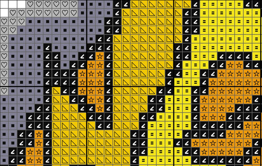 Pattern of black, yellow, and gray shapes on a grid background