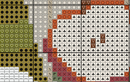 Grid with various symbols including hearts, squares, and clubs on a white background