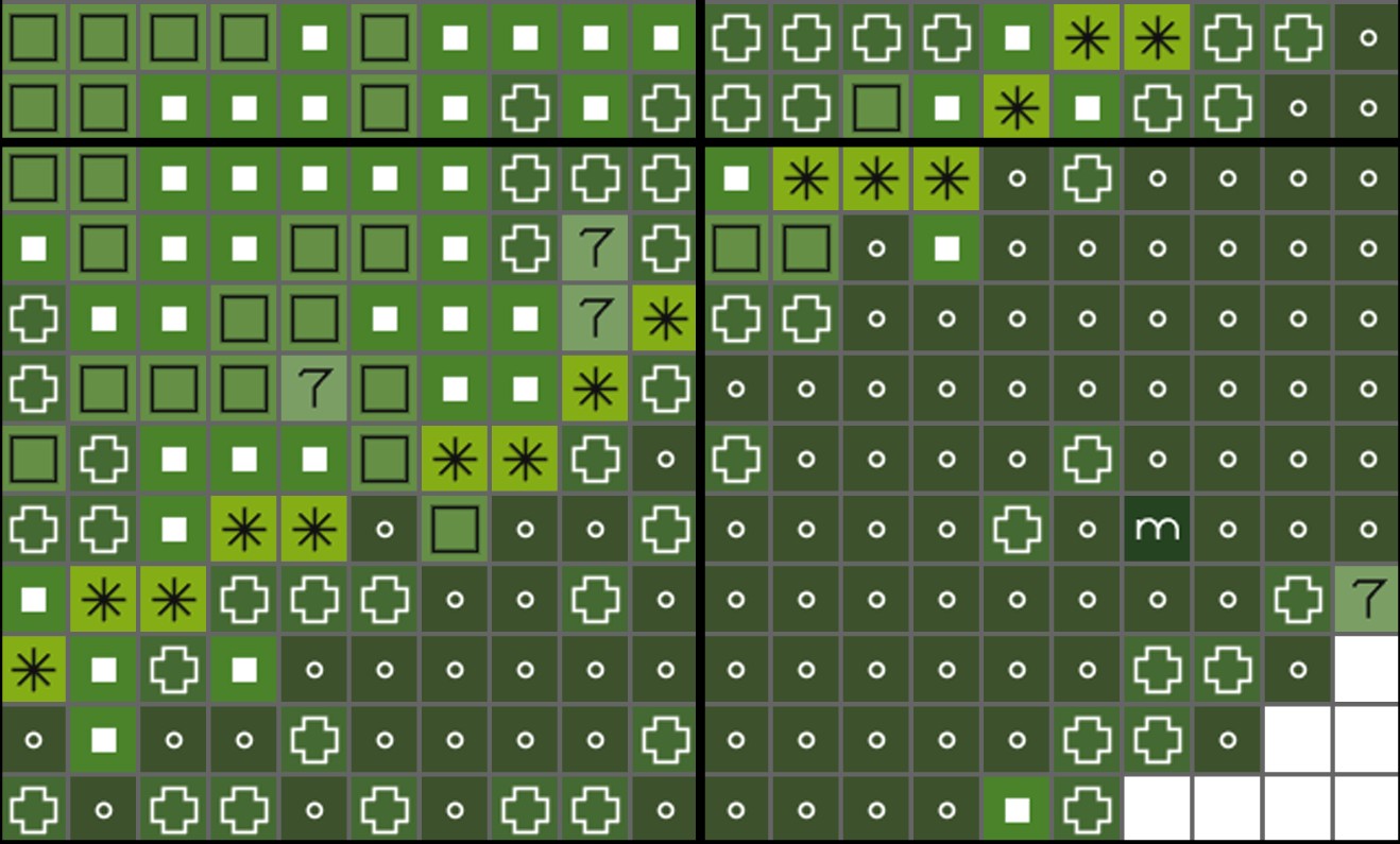 Grid pattern with various symbols on a green background