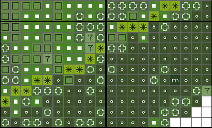 Grid pattern with various symbols on a green background