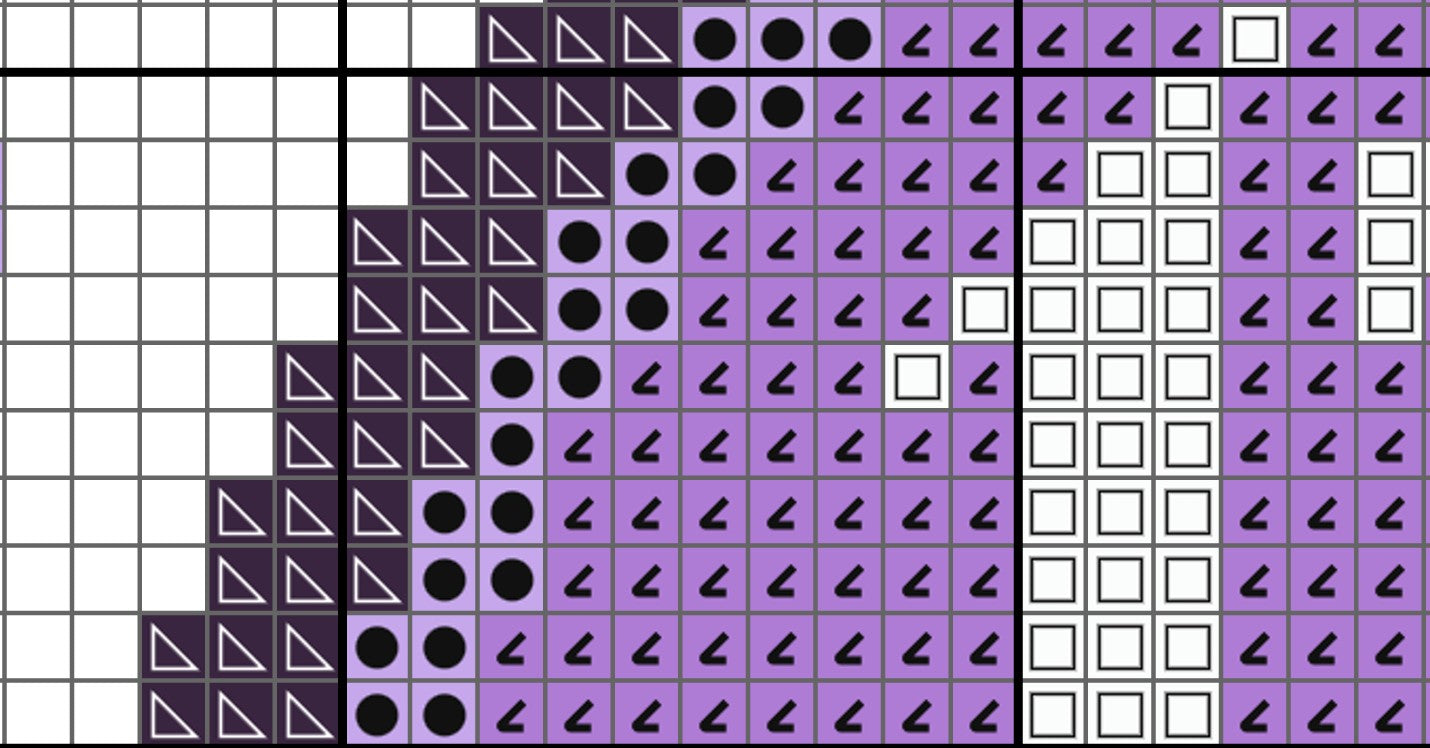 Grid of geometric shapes in purple, black, and white on a white background