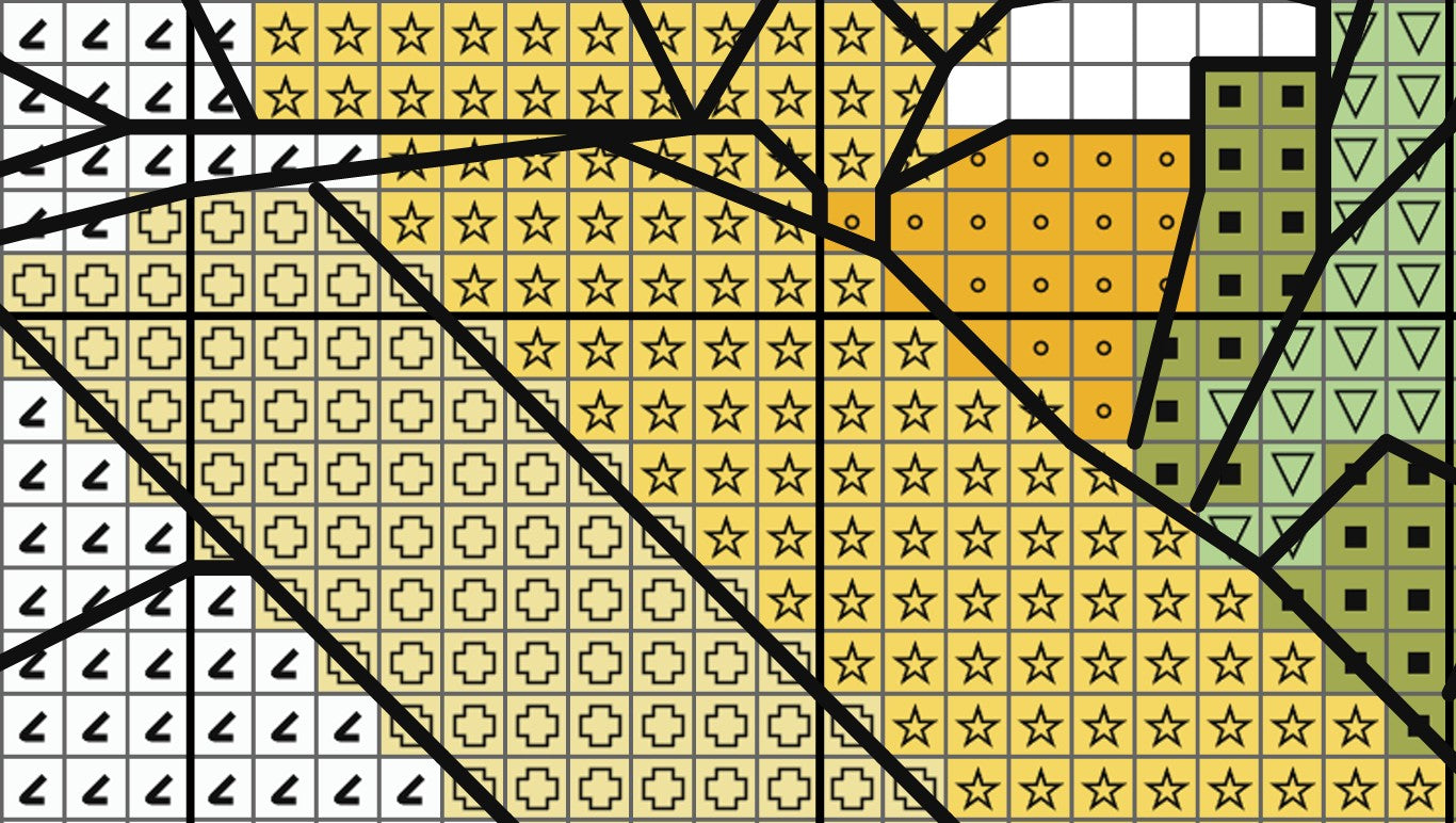 Colorful geometric pattern with various shapes and colors on a grid background