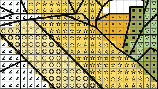 Colorful geometric pattern with various shapes and colors on a grid background