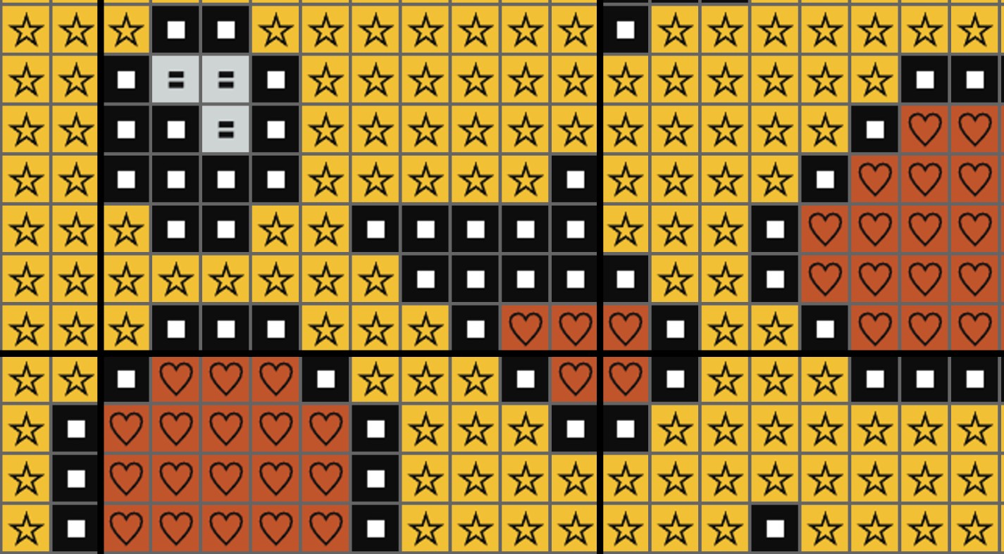 Pattern of stars, hearts, and squares on a yellow background