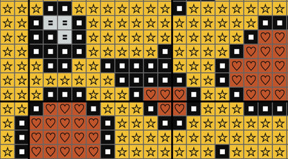Pattern of stars, hearts, and squares on a yellow background