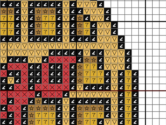 Pixelated design with black, yellow, and red shapes on a grid background