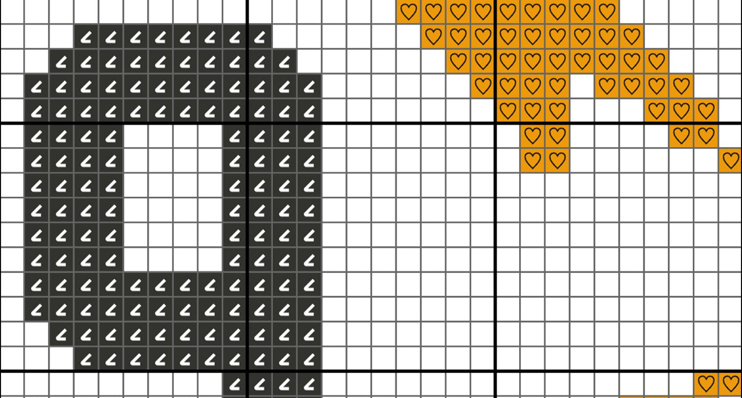 Grid pattern with black and white arrows and orange hearts on a white background