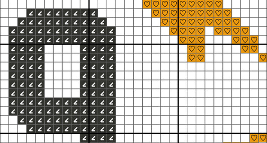 Grid pattern with black and white arrows and orange hearts on a white background