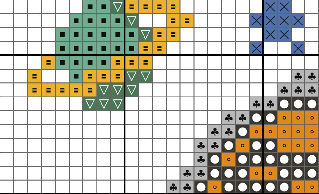 Grid with colored symbols representing different card suits on a white background